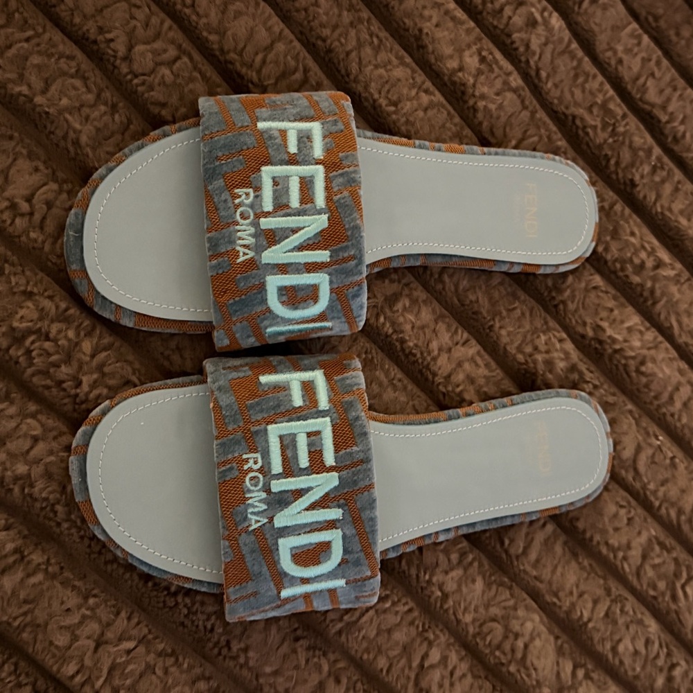Fendi Blue and Brown Logo Slides